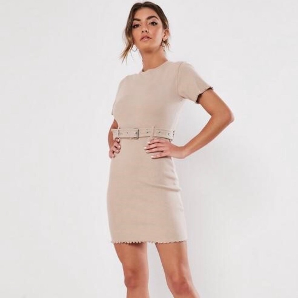 Misguided beige ribbed mini dress